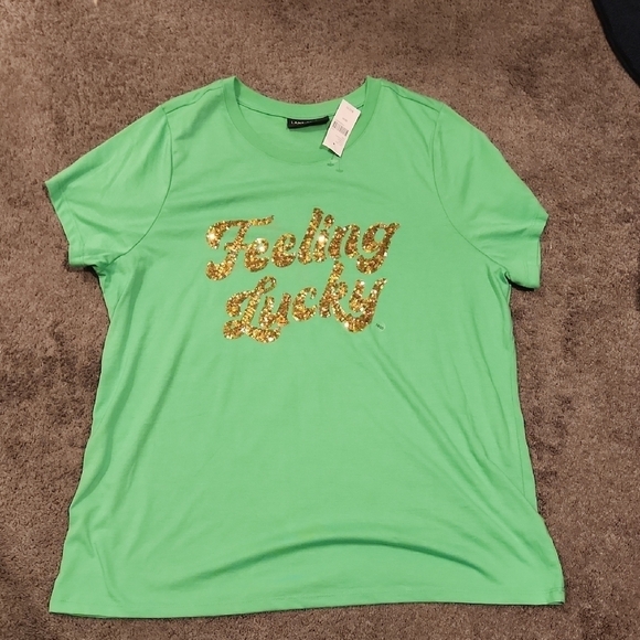 Lane Bryant Green Tee with Gold Sequin Text - Picture 1 of 5